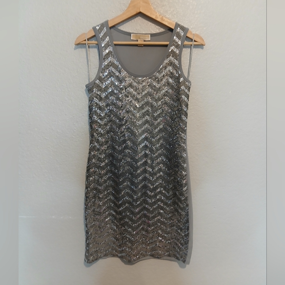 MK Michael Kors Silver Gray Sequin Sleeveless Bodycon Cocktail Dress Size Medium